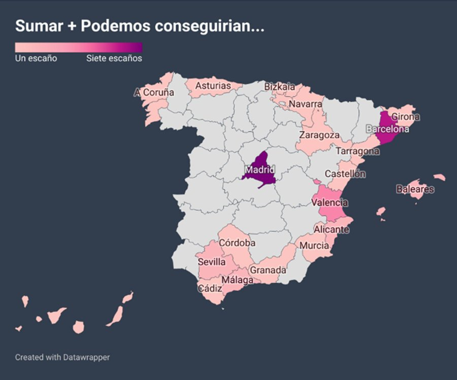 Escaños que podrían conseguir Podemos y Sumar si confluyen para las elecciones del 23J por territorios
