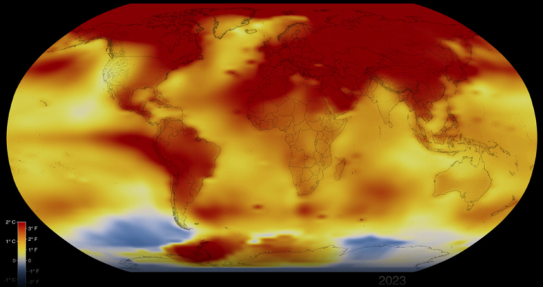 Mapa de calor de la anomalía de temperatura superficial desde 1880 hasta 2023