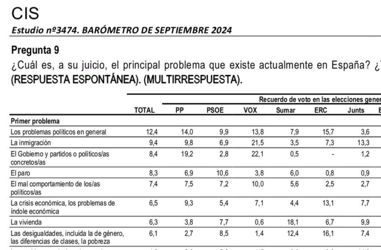 Principal problema de España según los votantes de cada partido