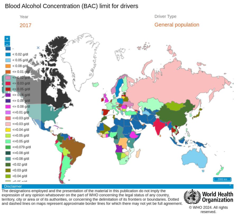 Límites de Tasa de alcohol en sangre para conductores en el mundo