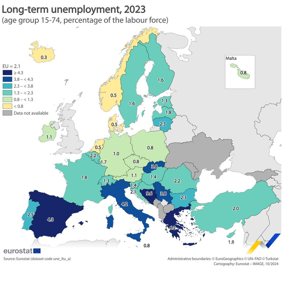 Tasa de desempleo de larga duración en la UE 2023