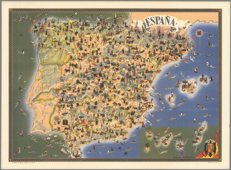 Mapa ilustrado con una inusual cuadrícula de postes y cables que representan, suponemos, la red eléctrica de España. 1957