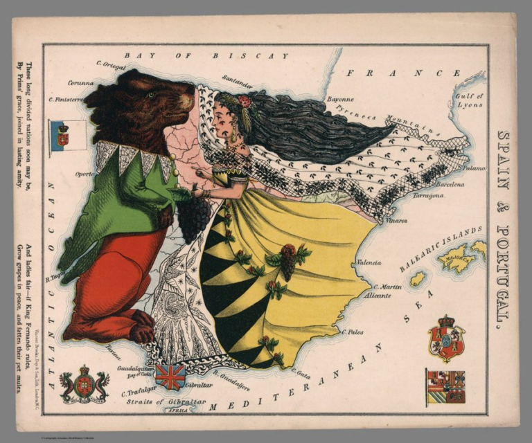 Mapa de España y Portugal por Lilian Lancaster y William Harvey, 1868