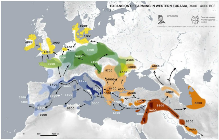 Mapa Expansión de la agricultura en Europa y Oriente Medio entre el 9600 a.C. y el 3900 a.C.