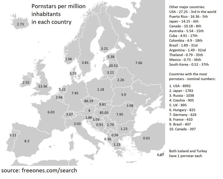 Estrellas porno por millón de habitantes