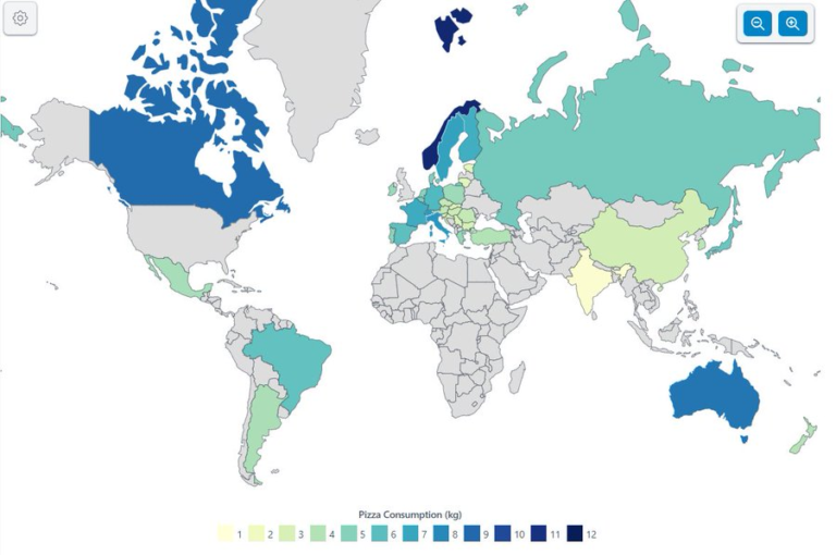 Consumo de pizza por países (kg, 2024)