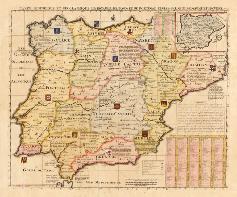 Mapa de la península Ibérica y sus provincias dibujado por Henri Chatelain en la década de 1710