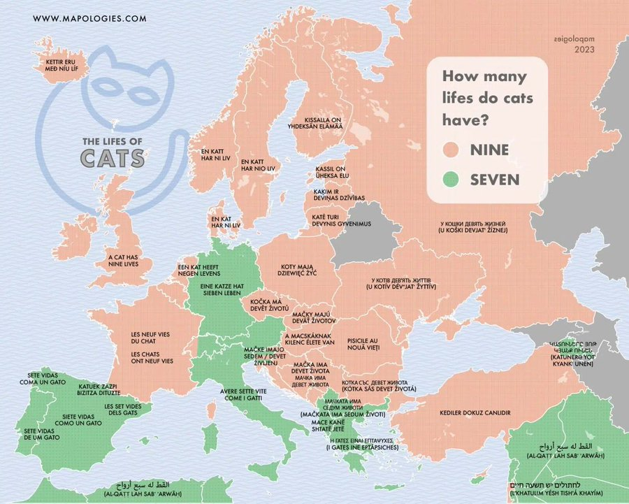 ¿Cuántas vidas tiene un gato en cada país de Europa?