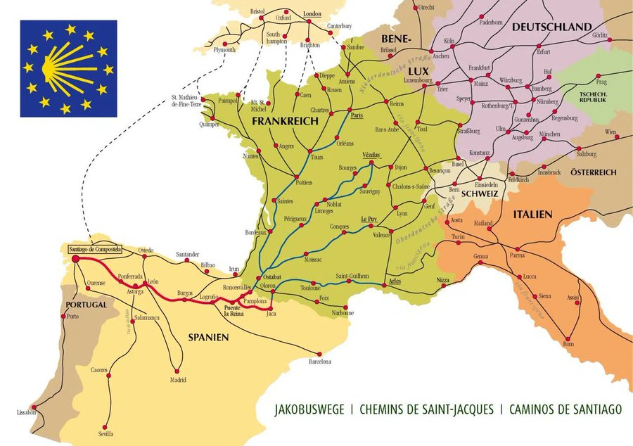 Mapa con Los Caminos a Santiago de Compostela