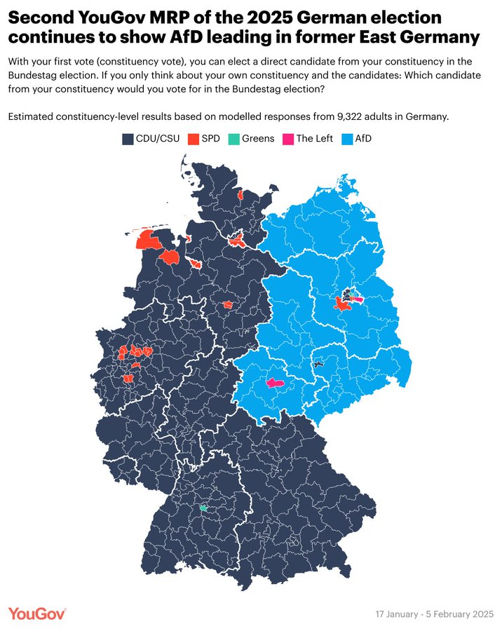 Mapa Encuesta elecciones Alemania de YouGov (6 feb. 2025)